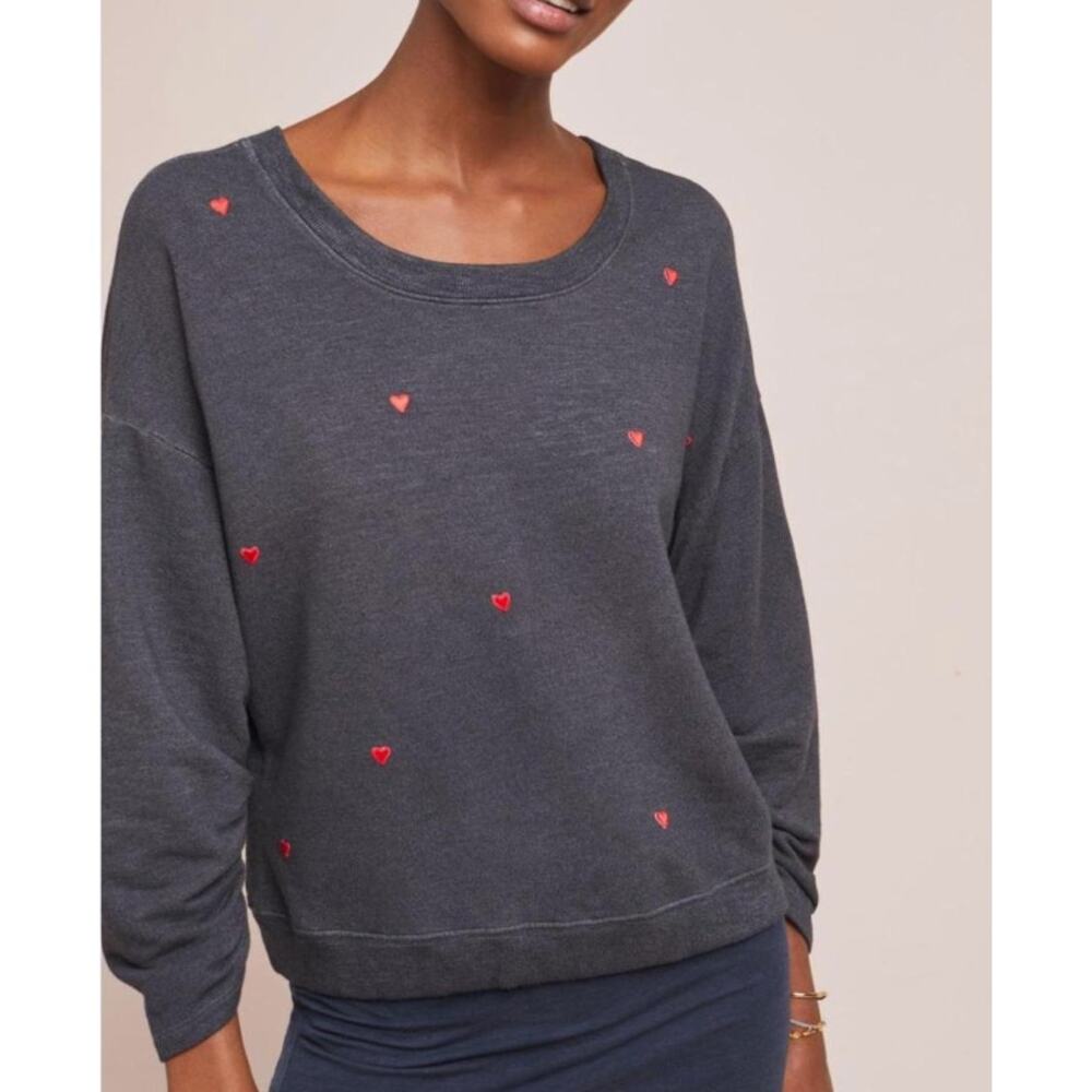 Anthropologie Charcoal Gray Sweatshirt with Red Heart Embroidery